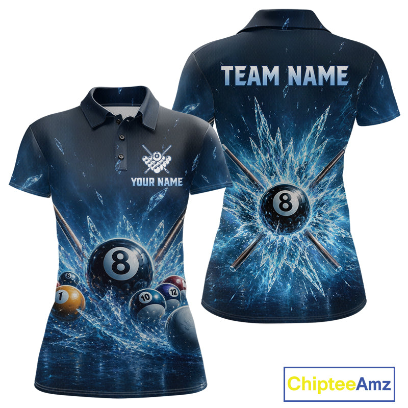 Front and back view of women’s custom ice billiard polo shirt, featuring 8 ball Frozen Pool design, personalized billiard jersey for women