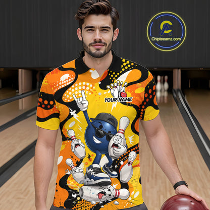 Man wearing a colorful bowling-themed shirt in a bowling alley.