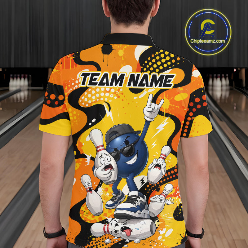 Person wearing a colorful bowling-themed shirt with cartoon characters in a bowling alley.