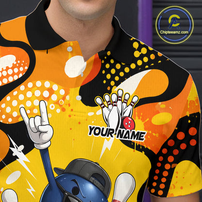 Colorful bowling-themed shirt with graphics and a visible brand logo.