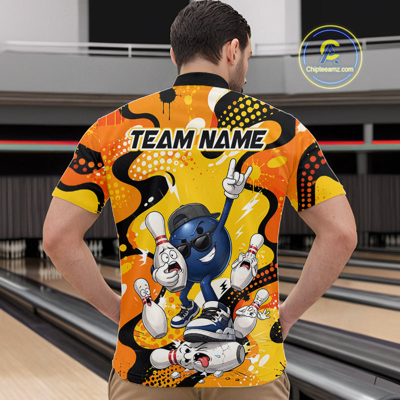 Person wearing a colorful bowling-themed shirt with cartoon characters in a bowling alley.