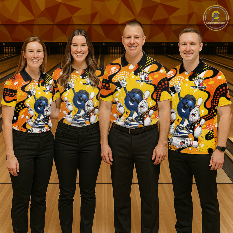 Four people wearing matching bowling shirts with a cartoon character on a bowling alley.