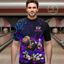 Load image into Gallery viewer, Man wearing a colorful bowling-themed shirt in a bowling alley.