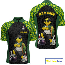 Load image into Gallery viewer, Custom short-sleeve athletic jerseys shown from the front and back, featuring a cartoon turtle bowling graphic on a black and green patterned background, with customizable text areas on the chest and back.