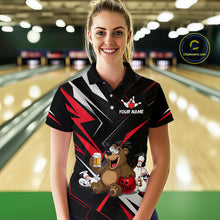 Load image into Gallery viewer, Woman wearing a custom bowling shirt with a bear design in a bowling alley.