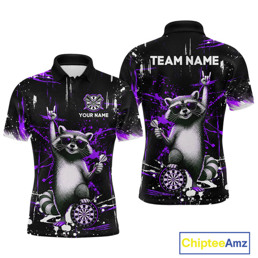 Custom Purple Funny Raccoon Dart Team Shirt for Men Dart Jersey Polo & /4-Zip Dartboard Shirt Outfit DHT29