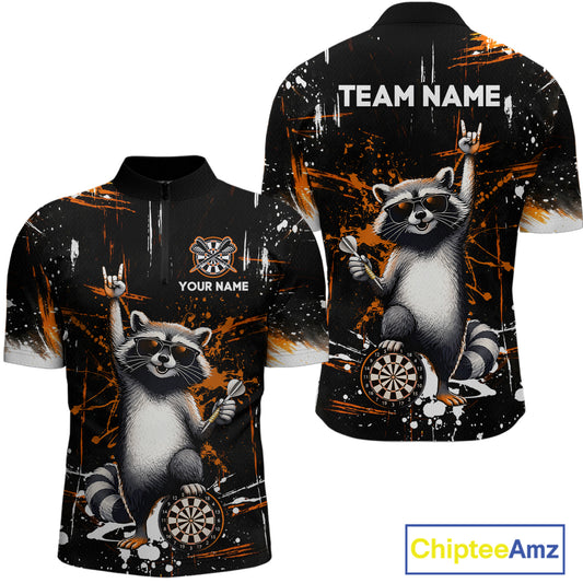 Custom Orange Funny Raccoon Dart Team Shirt for Men Dart Jersey Polo & /4-Zip Dartboard Shirt Outfit DHT29
