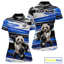 Load image into Gallery viewer, Polo shirt with panda design and customizable text on a blue and black striped background