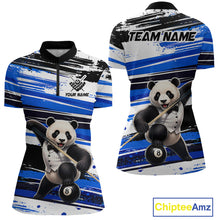 Load image into Gallery viewer, Polo shirt with panda design and customizable text on a blue and black striped background
