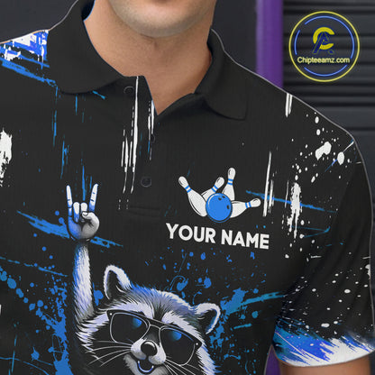 Custom Blue Funny Raccoon Bowling Shirt for Men Bowling Jersey Polo & 1/4-Zip Bowling Outfit QZT892