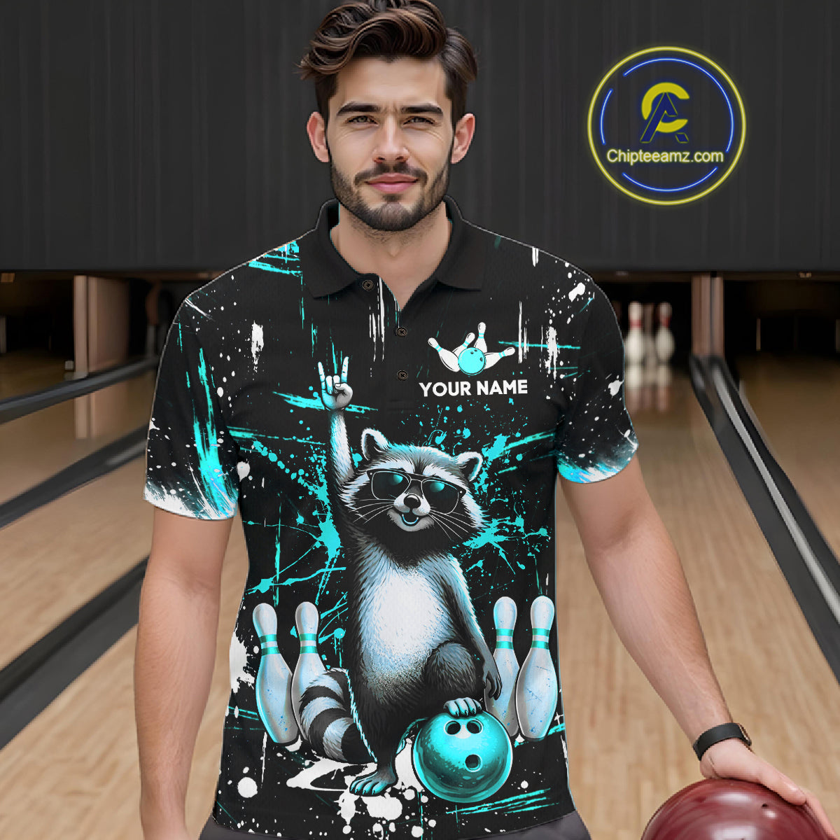 Custom Turquoise Funny Raccoon Bowling Shirt for Men Bowling Jersey Polo & 1/4-Zip Bowling Outfit QZT892