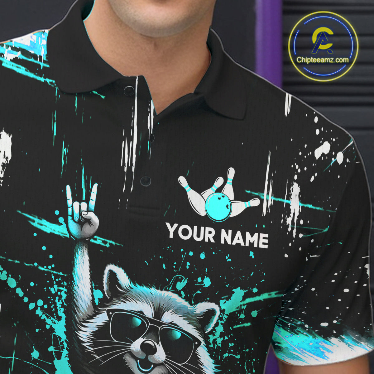 Custom Turquoise Funny Raccoon Bowling Shirt for Men Bowling Jersey Polo & 1/4-Zip Bowling Outfit QZT892