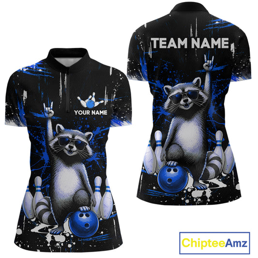 Custom Blue Funny Raccoon Bowling Shirt for Women Bowling Jersey Polo & 1/4-Zip Bowling Outfit QZT892