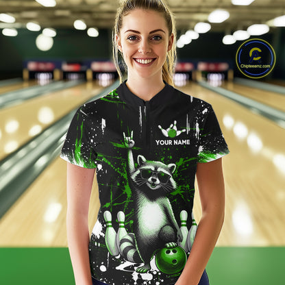 Custom Green Funny Raccoon Bowling Shirt for Women Bowling Jersey Polo & 1/4-Zip Bowling Outfit QZT892