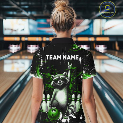 Custom Green Funny Raccoon Bowling Shirt for Women Bowling Jersey Polo & 1/4-Zip Bowling Outfit QZT892
