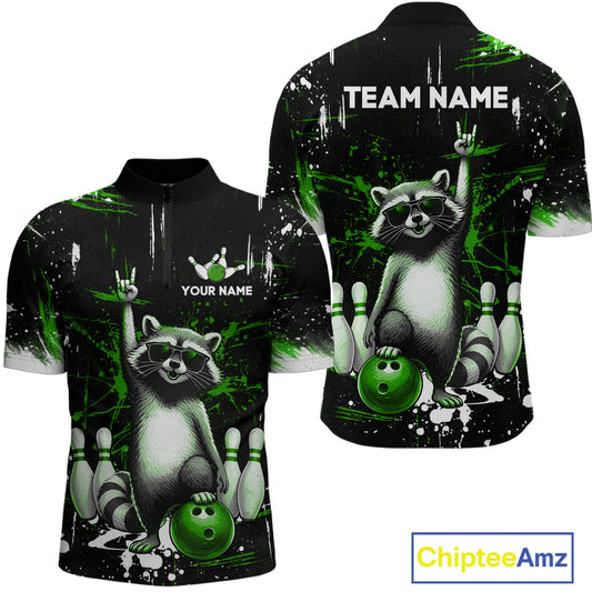 Custom Green Funny Raccoon Bowling Shirt for Men Bowling Jersey Polo & 1/4-Zip Bowling Outfit QZT892