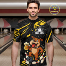 Load image into Gallery viewer, Man wearing custom black yellow bulldog bowling quarter-zip shirt front view featuring a bowling ball, beer mug and yellow paint splash pattern, displaying Team Name, at the bowling alley