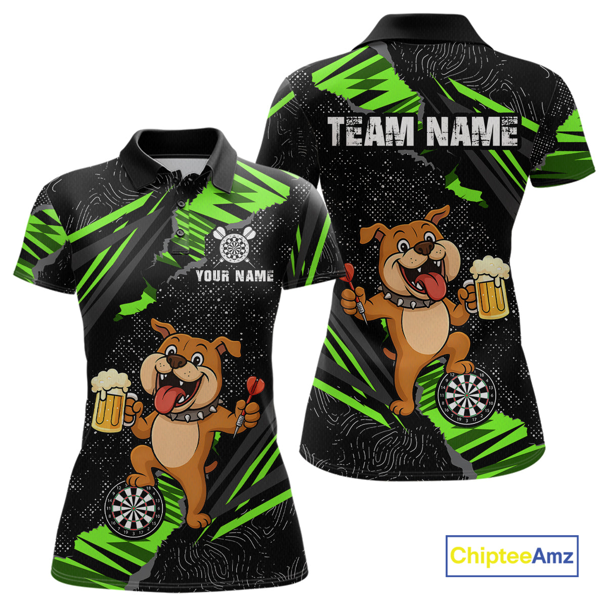 Green Funny Bulldog Dart Team Shirt for Women Custom Dart Jersey Dartboard Shirt DHT28