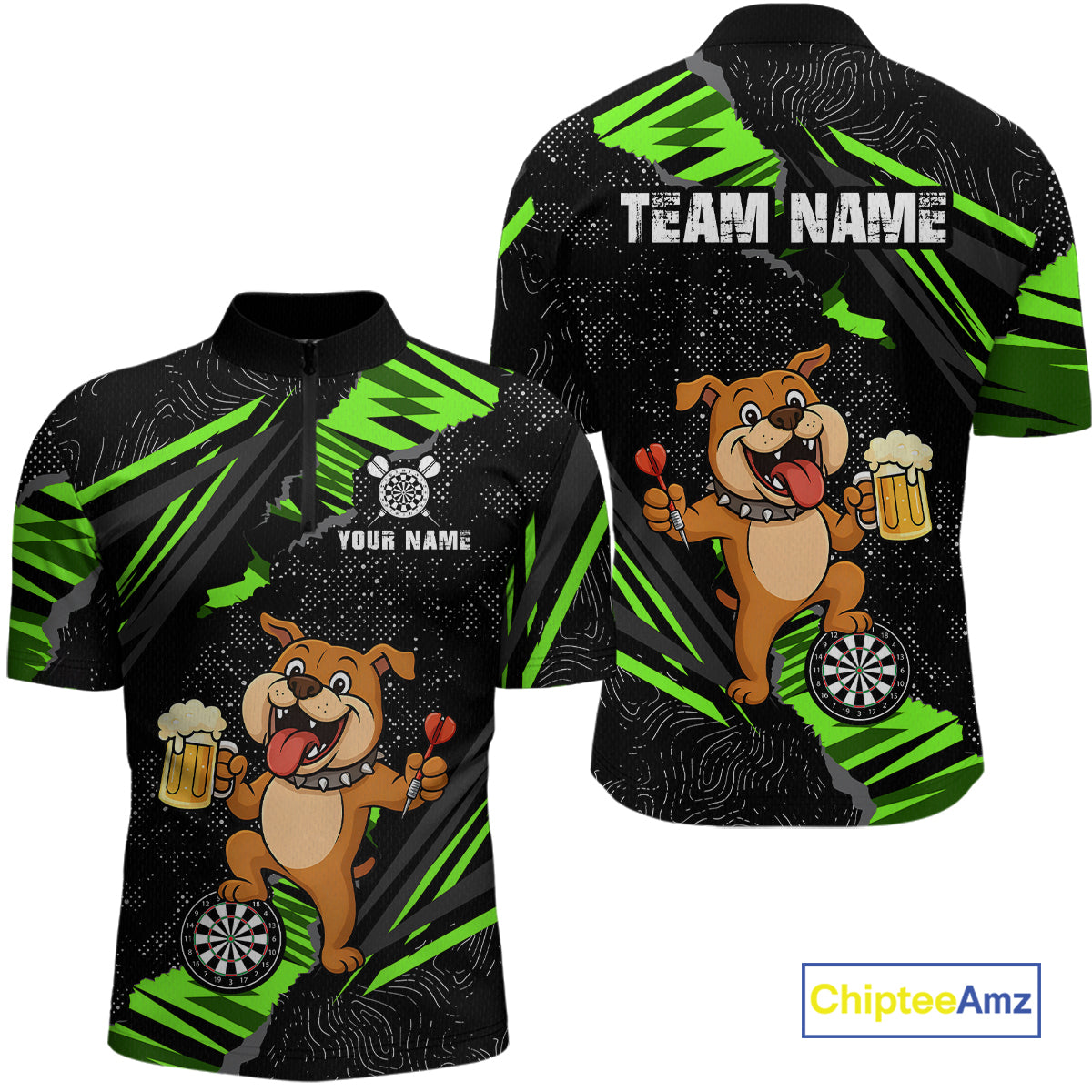 Green Funny Bulldog Dart Team Shirt for Men Custom Dart Jersey Dartboard Shirt DHT28