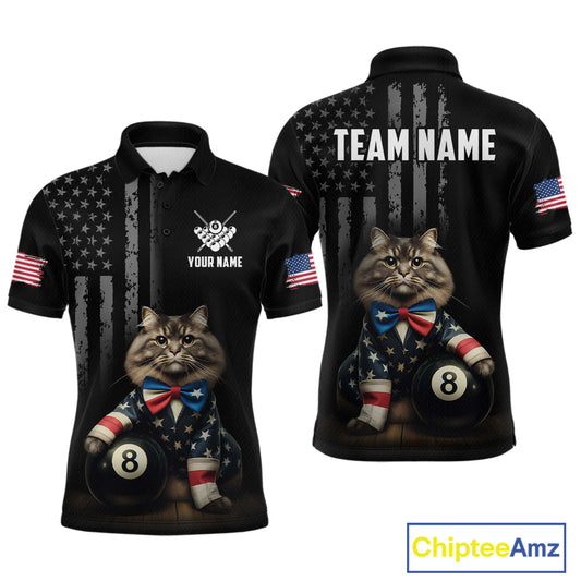 Custom American Flag Funny Cat Billiard Shirt for Men 8 Ball Pool Shirt Polo & 1/4 Zip Billiard Jersey BHT20