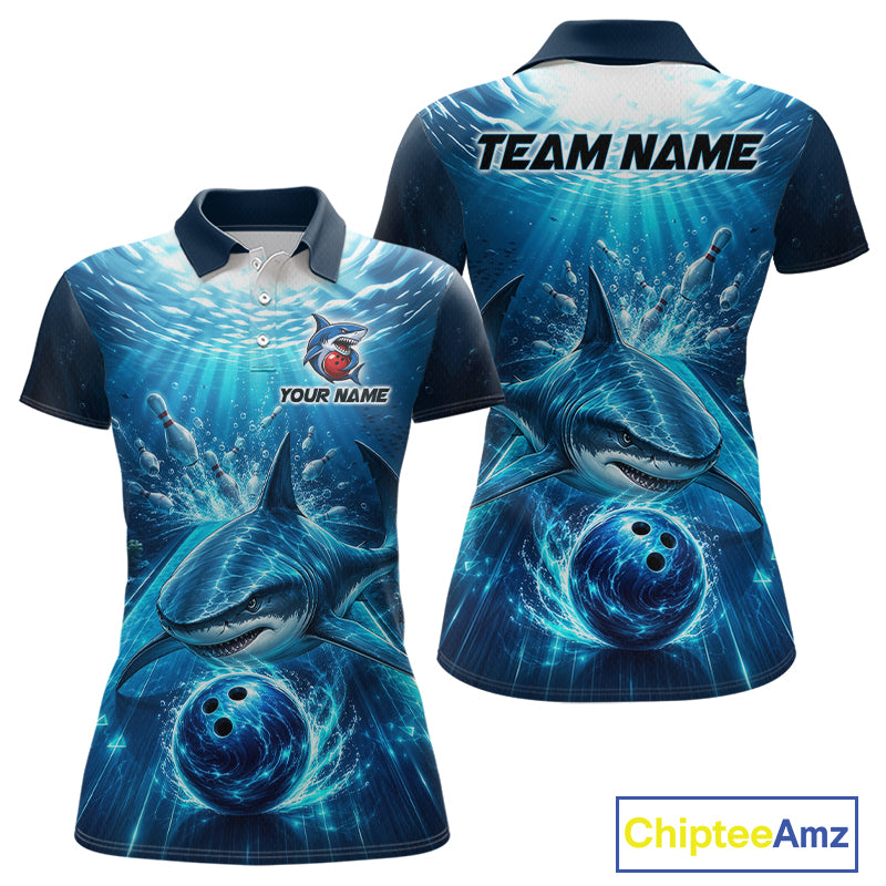 Blue shark-themed bowling shirt with customizable text on a white background
