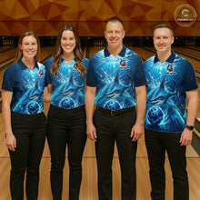 Load image into Gallery viewer, Four people wearing matching blue bowling shirts with a dolphin design on a bowling alley.