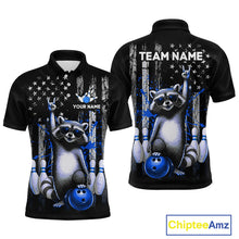 Load image into Gallery viewer, Two views of american flag polo shirt with raccoon design and customizable text on a white background