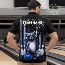 Load image into Gallery viewer, Person wearing a black shirt with a raccoon graphic and 'TEAM NAME' text in a bowling alley.