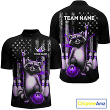 Load image into Gallery viewer, Two views of American flag quarter-zip shirt with raccoon design and customizable text on a white background