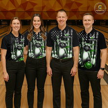 Load image into Gallery viewer, Four people wearing black shirts with raccoon and bowling design on a bowling alley background