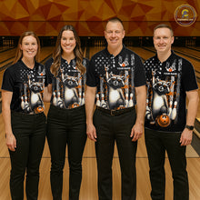 Load image into Gallery viewer, Four people wearing matching black shirts with a raccoon graphic on a bowling alley background
