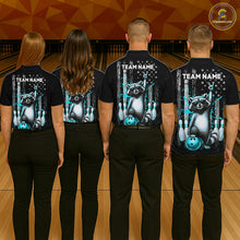 Load image into Gallery viewer, Four people wearing black shirts with raccoon graphics and 'Team Name' text on a bowling alley background.