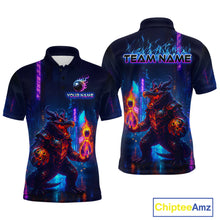 Load image into Gallery viewer, Front and back view custom navy alligator bowling polo shirt featuring a fiery reptile, glowing bowling ball and neon blue purple pattern, displaying Your Name and Team Name