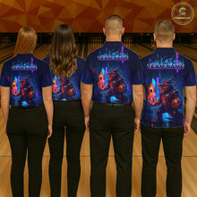 Load image into Gallery viewer, Group of four wearing custom navy alligator bowling shirts back view featuring a glowing bowling ball and neon blue purple artwork, displaying Team Name, at the bowling alley