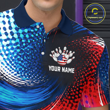 A close-up of a men's short-sleeve polo shirt with a patriotic bowling design in blue, red, and white. The shirt features a navy collar, a central graphic of bowling pins and a bowling ball with an American flag pattern, and the customizable text 'YOUR NAME'.