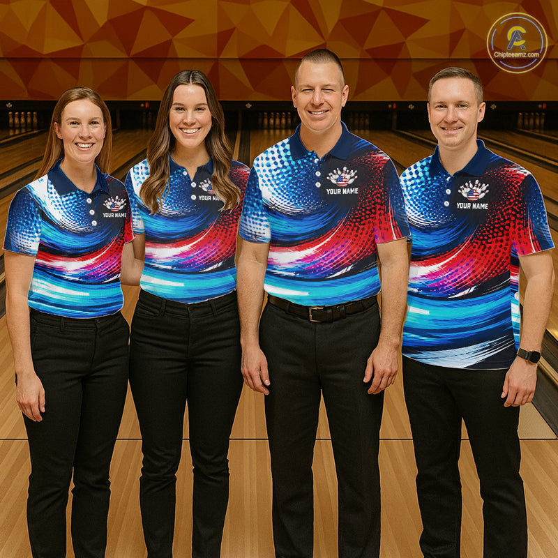Four people standing in a bowling alley wearing matching custom bowling shirts with a blue, red, and purple abstract wave pattern, black pants, and bowling pins visible in the background.