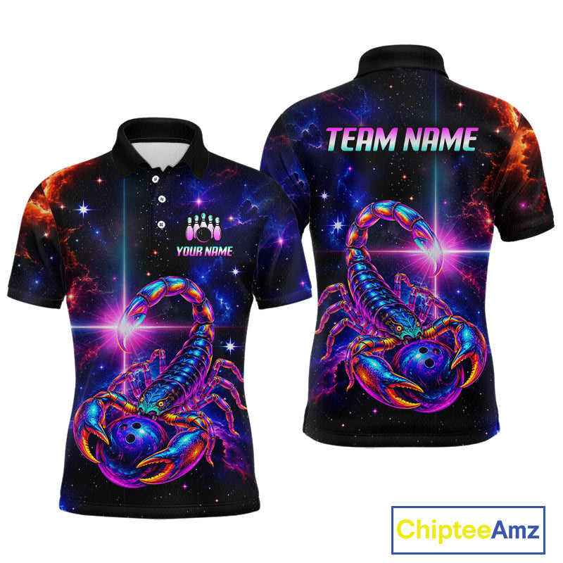 Front and back views of a short-sleeve polo shirt featuring a vibrant cosmic space design with a large colorful scorpion graphic. The shirt has a black base with purple, blue, and orange nebula patterns, customizable text placeholders on the chest and back, and is shown on a plain white background with a 'ChipteeAmz' logo in the bottom right corner.