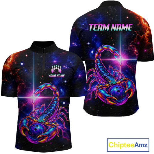 Front and back views of a short-sleeve quarter-zip shirt featuring a vibrant, colorful cosmic scorpion design on a black space-themed background. The front has a mock bowling pin logo and the text 'YOUR NAME', while the back displays 'TEAM NAME' at the collar.