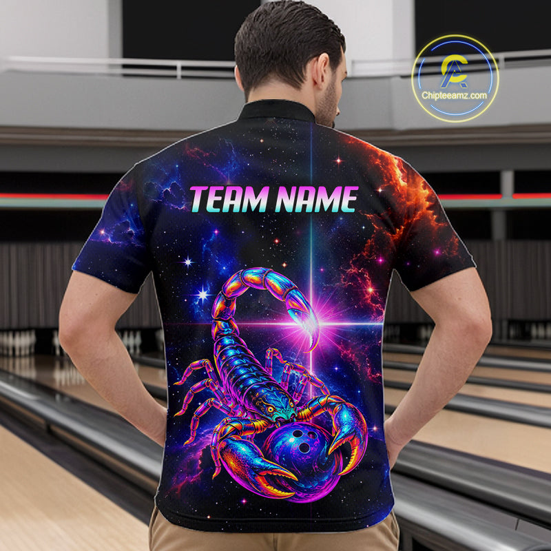 A man viewed from behind wearing a short-sleeve collared bowling shirt with a vivid cosmic scorpion graphic and the text 'TEAM NAME' across the back. The shirt has a black base with purple, blue, orange, and pink galaxy-style print.
