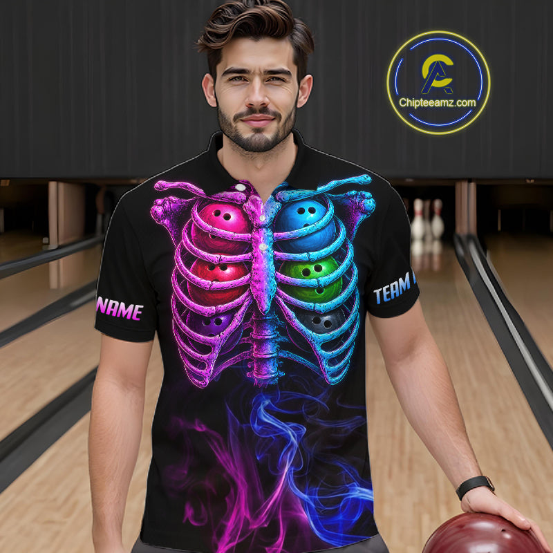 A man wearing a black short-sleeve bowling shirt with a vibrant neon-colored rib cage graphic on the front, standing in a bowling alley holding a bowling ball. The shirt features customizable text placeholders 'NAME' and 'TEAM' on the sleeves