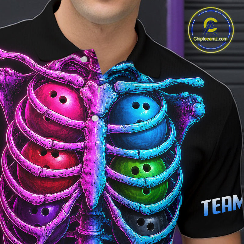 A close-up of a person wearing a black short-sleeve polo shirt with a large graphic print of a rib cage containing colorful bowling balls. The person's neck and lower face are visible
