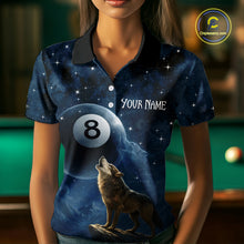 Load image into Gallery viewer, Person wearing a blue shirt with a wolf and number 8 design, standing in front of a pool table.