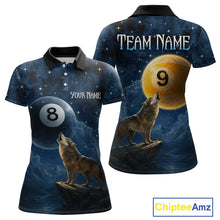 Load image into Gallery viewer, Two views of polo shirts with wolf and pool ball designs, one with 'Your Name' and 'Team Name' text, the other with a wolf and number 9 on a moonlit background.