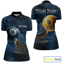 Load image into Gallery viewer, Two views of a quarter-zip jersey with wolf and pool ball design, featuring 'Team Name' and 'Your Name' text.