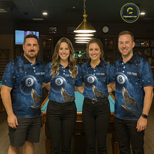 Load image into Gallery viewer, Four people wearing matching blue shirts with a wolf and number 8 design in a pool hall.