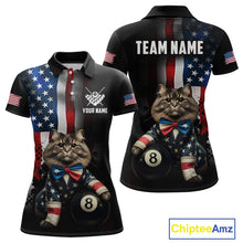 Load image into Gallery viewer, Front and back views of a black short-sleeve polo shirt featuring a printed American flag design with a cat wearing a bow tie and holding a pool ball, plus customizable text areas on the chest and back.