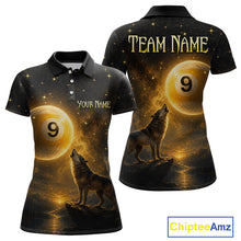 Load image into Gallery viewer, Customizable short-sleeve polo shirt shown from the front and back, featuring a black background with a glowing gold pool ball, a howling wolf, and gold text placeholders reading 'TEAM NAME' and 'YOUR NAME'.