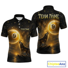 Load image into Gallery viewer, Front and back views of a black short-sleeve polo shirt featuring a cosmic 9-ball pool design with a howling wolf, gold stars, and customizable text placeholders 'TEAM NAME' and 'YOUR NAME'.