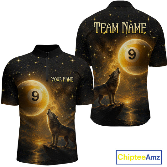 Custom short-sleeve quarter-zip jersey shown from front and back on a white background. The shirt features a black base with a large golden-yellow billiard ball graphic containing the number 9, a howling wolf, stars, and customizable text reading 'TEAM NAME' on the back and 'YOUR NAME' on the front.
