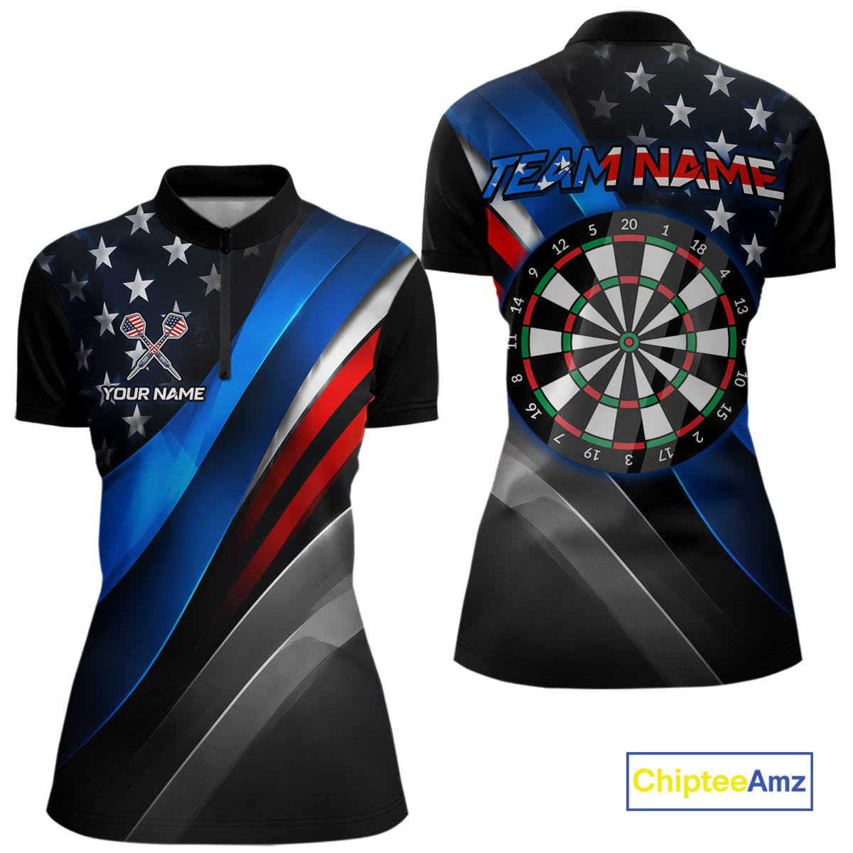 Front and back view of a custom dart quarter zip featuring a patriotic dartboard graphic with red, blue, and silver diagonal stripes, personalized team name and player name.
